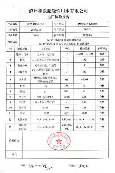 核奥128纯净水出厂检验报告