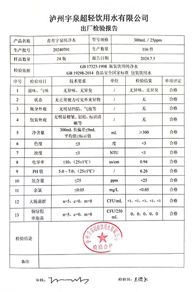 青青宇泉纯净水出厂检验报告